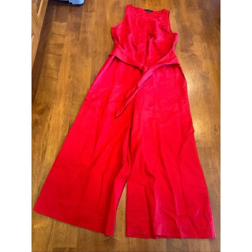 Banana Republic Red Linen Blend Jumpsuit Womens 4 Wide Leg Belted Sleeveless Poc